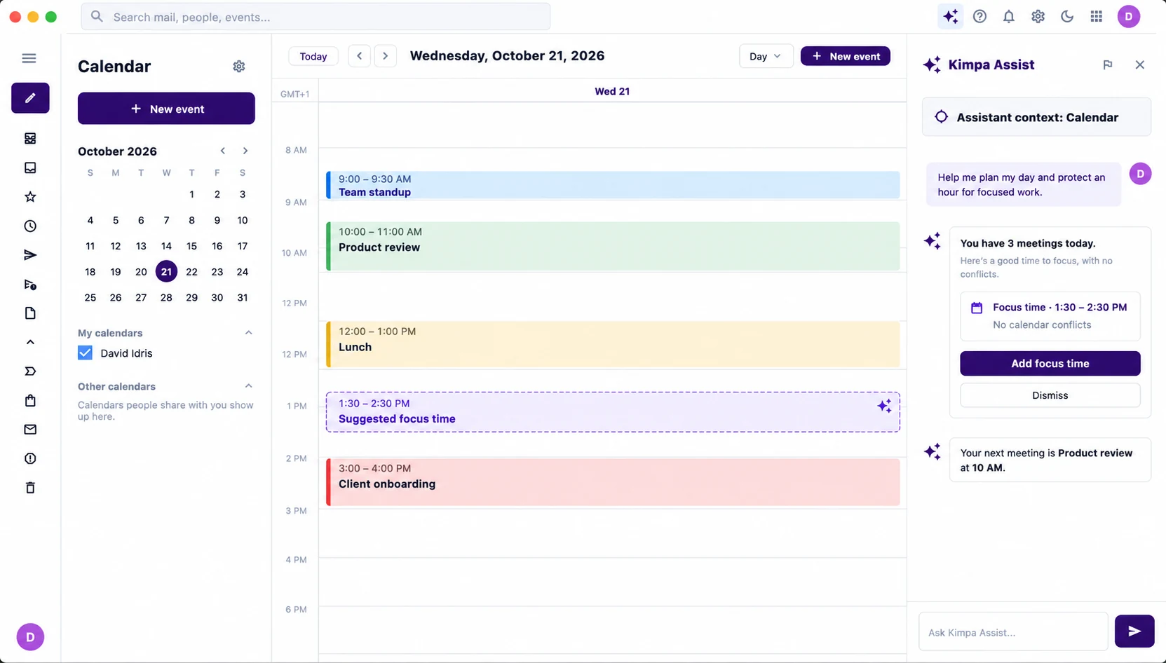 Kimpa Calendar day view with a suggested focus time block and Kimpa Assist's Add focus time button