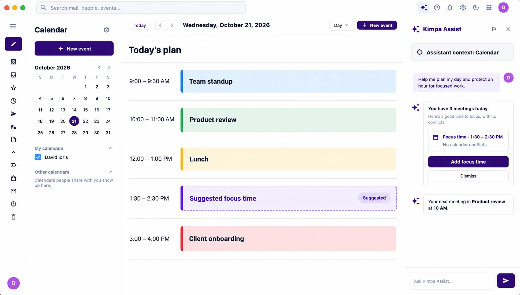 Kimpa Calendar's Today's plan with a suggested hour of focus time, and Kimpa Assist's suggestion beside it