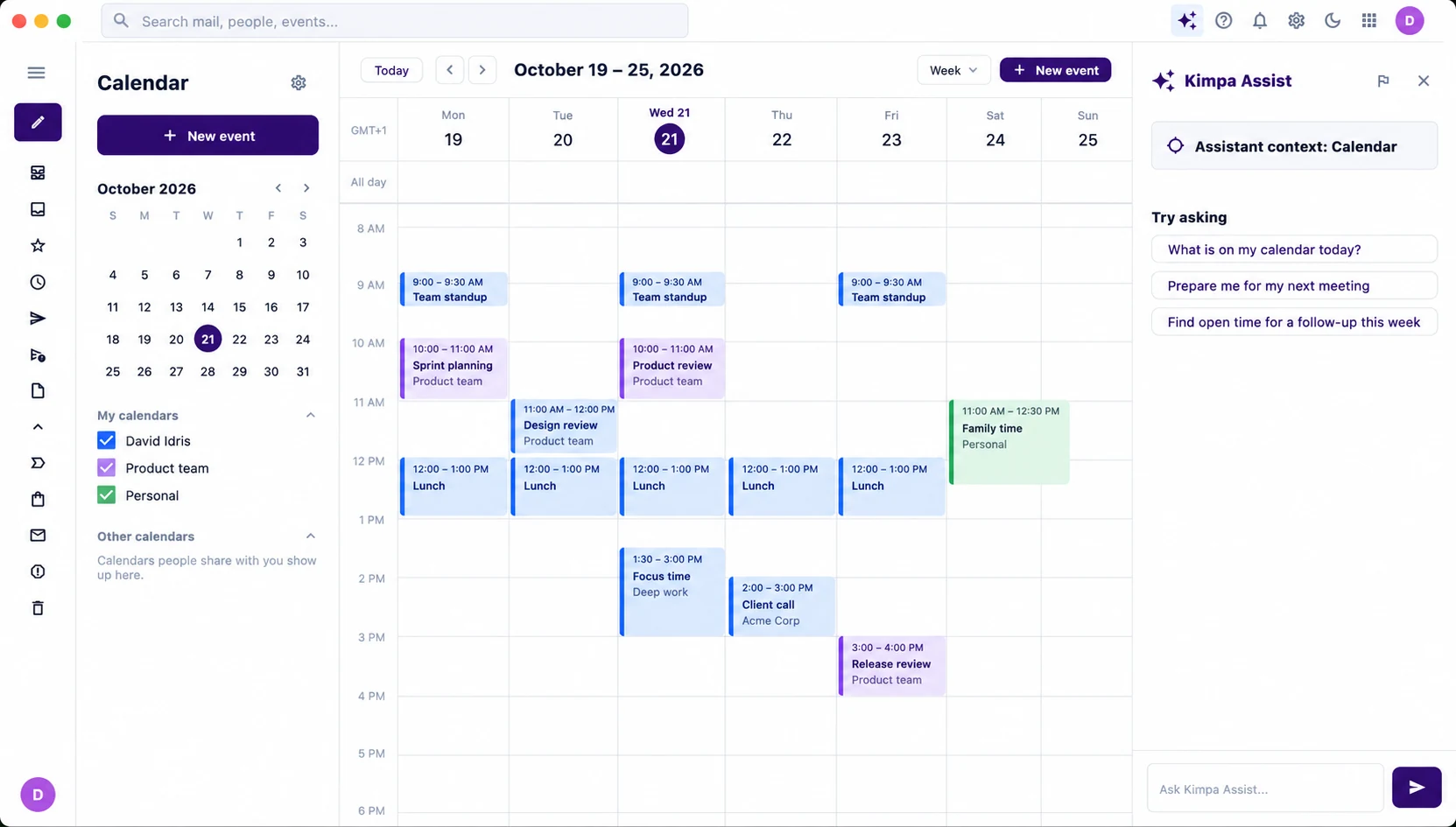 Kimpa Calendar week view with standups, reviews, and lunches across the week