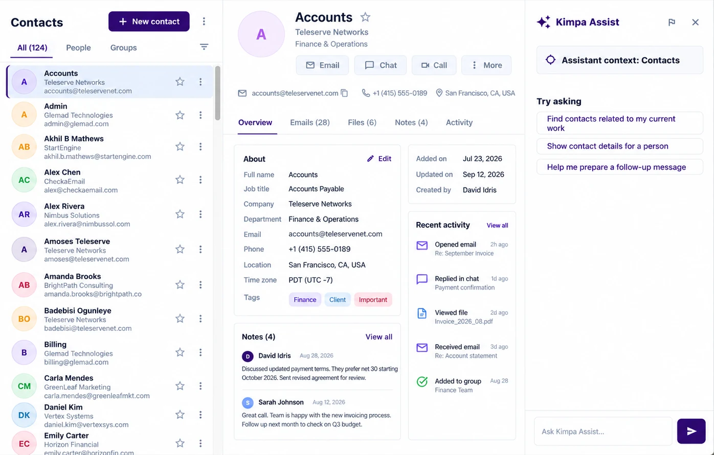 Kimpa Contacts with a list of people and companies, and an open contact's details, notes, and recent activity