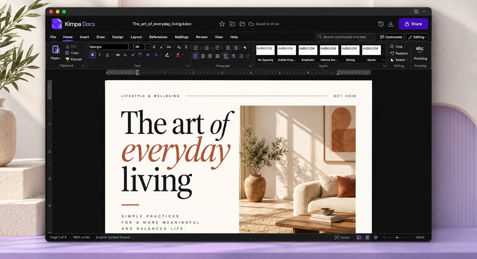 Kimpa Docs with a magazine-style document open, saved to Kimpa Drive