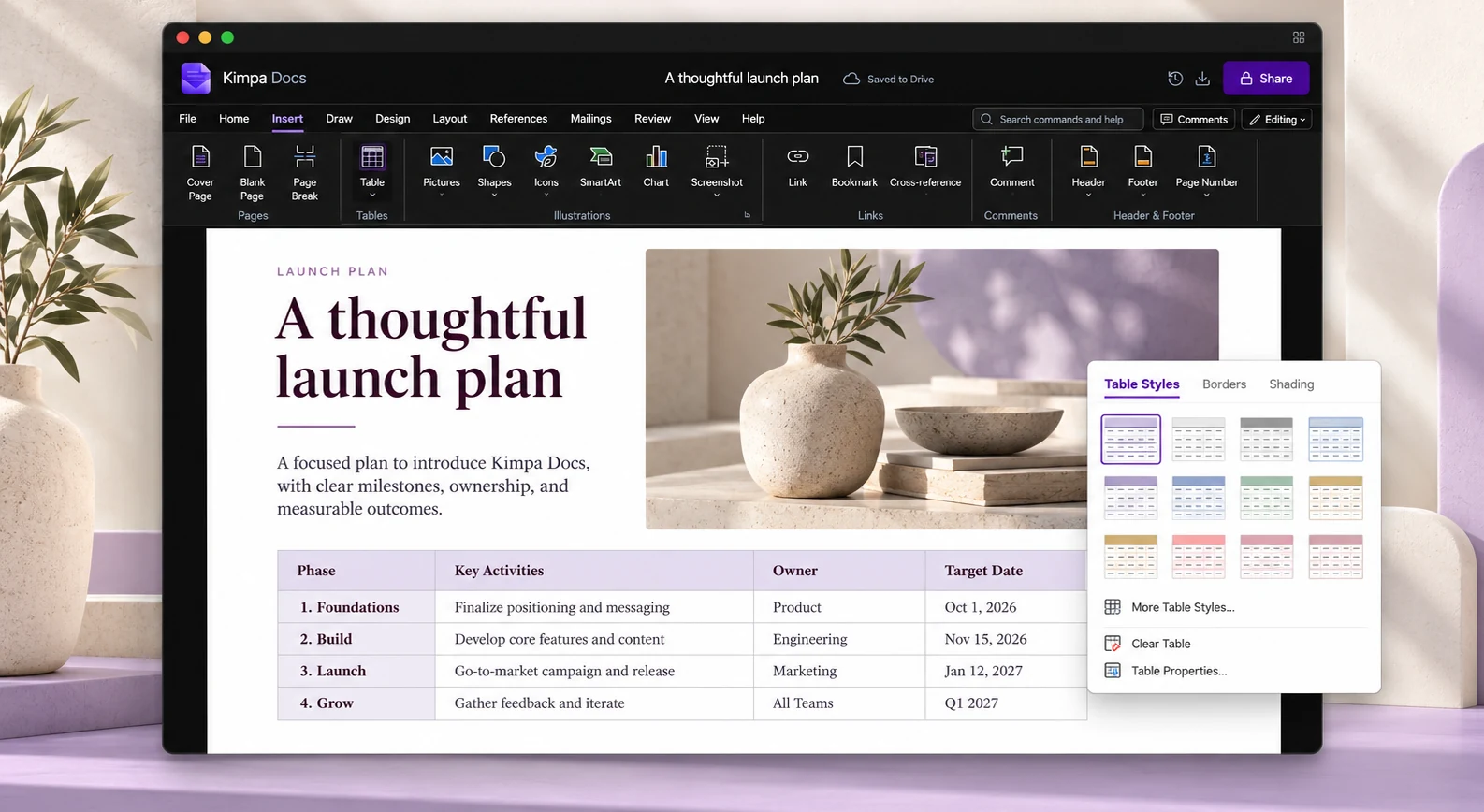 Editing a launch plan with a table in Kimpa Docs