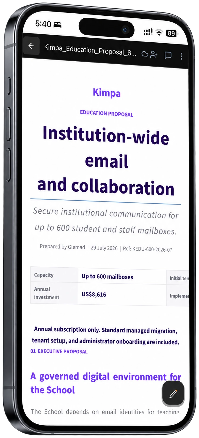 An education proposal open in Kimpa Docs on an iPhone