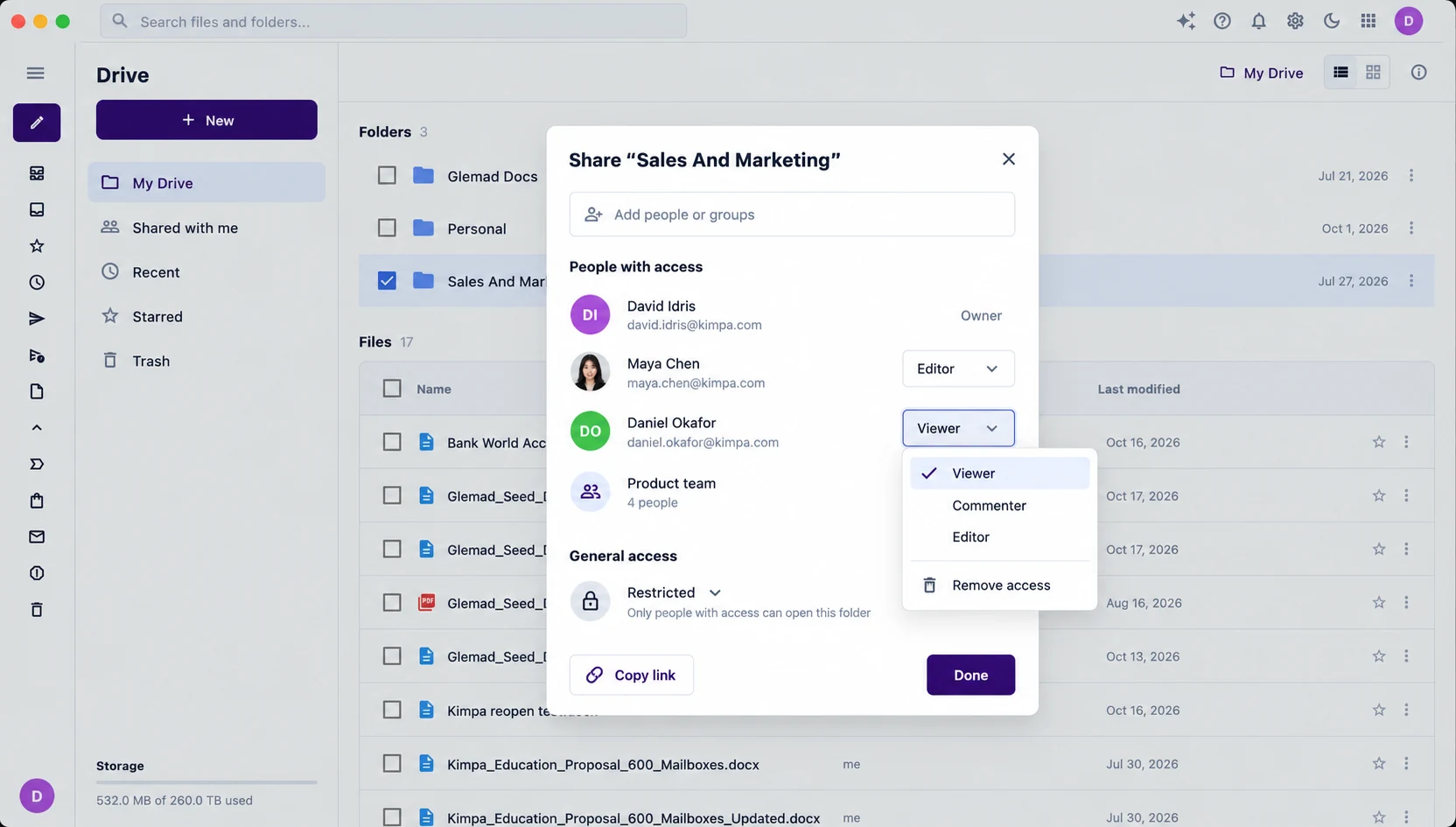 Sharing a folder in Kimpa Drive with people set to Owner, Editor, and Viewer, and general access restricted