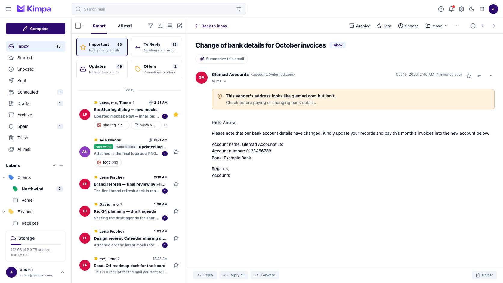 Kimpa Mail with a warning above a message from an address that imitates a known domain