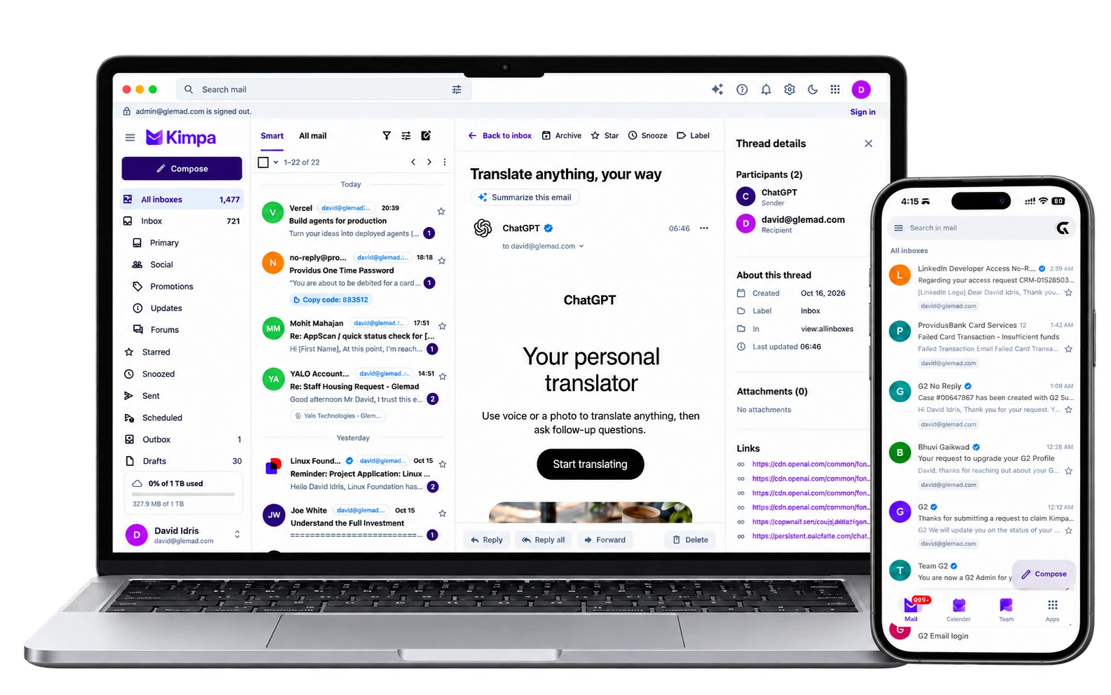Kimpa Mail on a laptop and a phone: the inbox, an open message with Summarize this email, and the mobile inbox