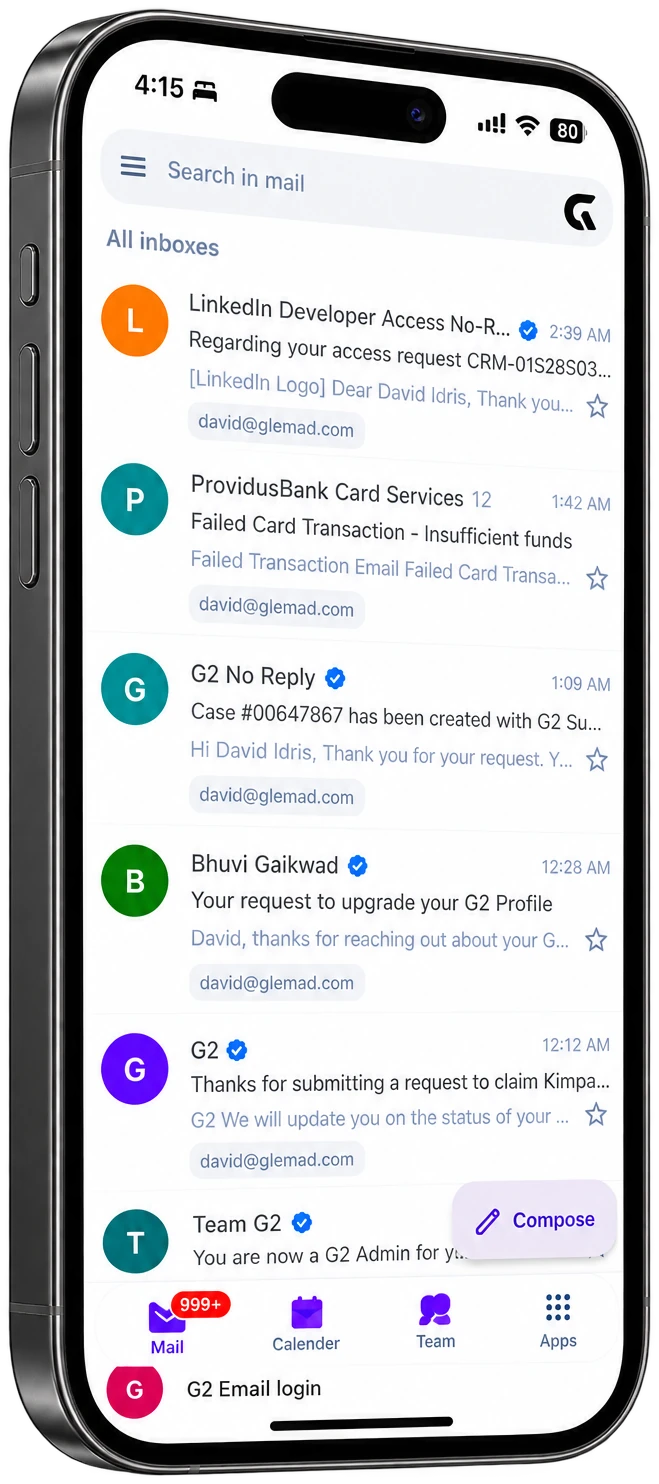 The Kimpa Mail app on an iPhone, showing All inboxes with verified senders, Compose, and the Mail, Calendar, Team, and Apps bar