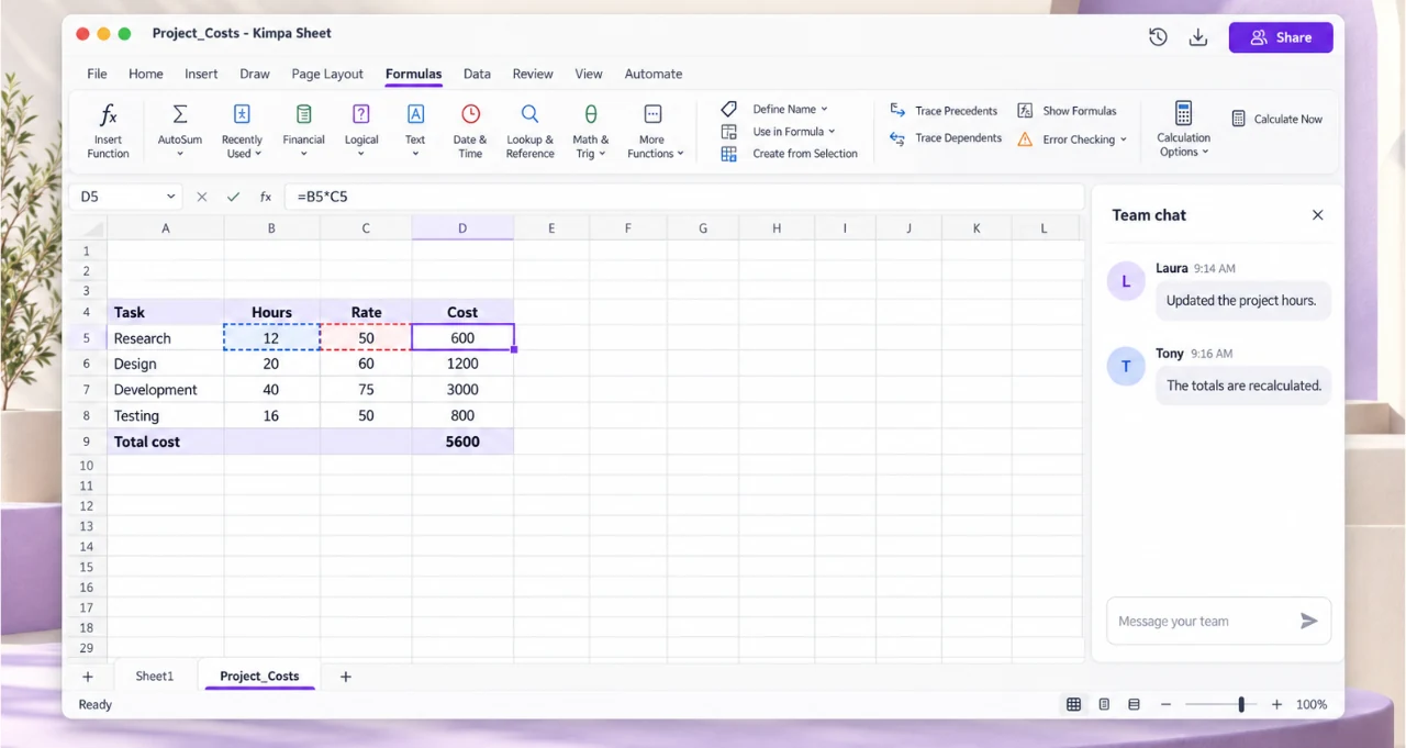 Editing a project cost sheet with a formula in Kimpa Sheet